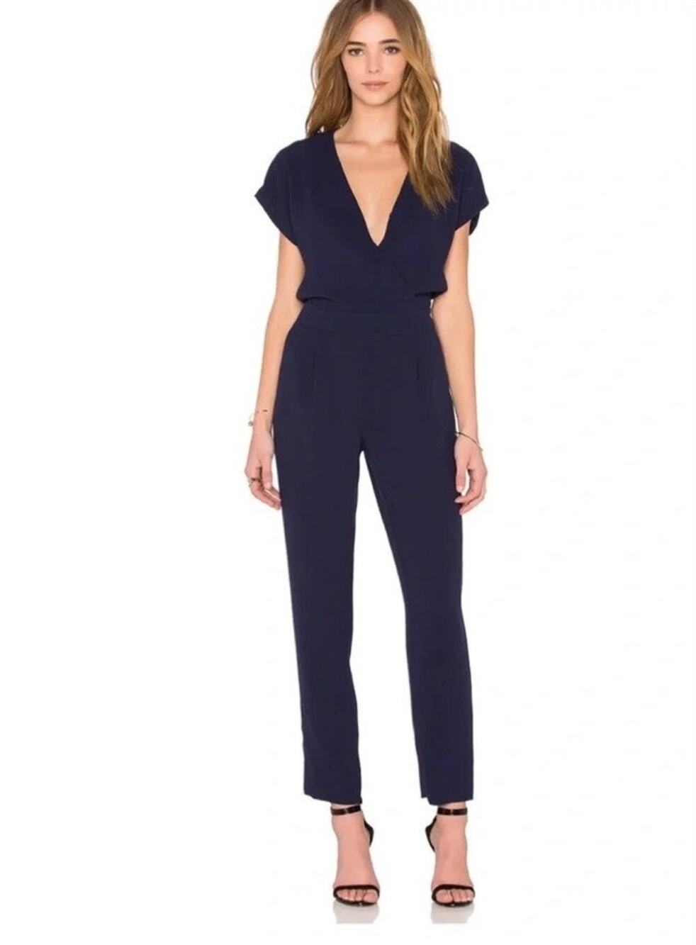 Diane von Furstenberg Emerson Crepe Surplice Jumpsuit 6 Blue